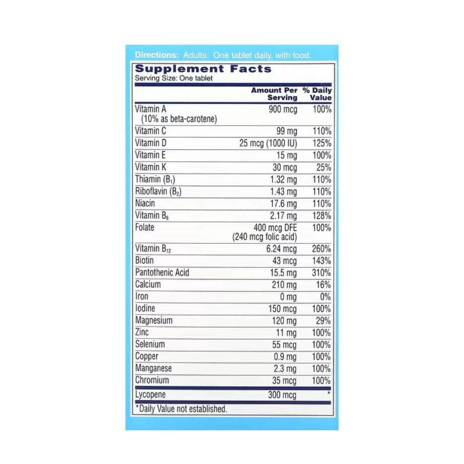 Supplement facts label showing the complete ingredients and nutritional breakdown for One A Day Men’s Multivitamins 100 count bottle.