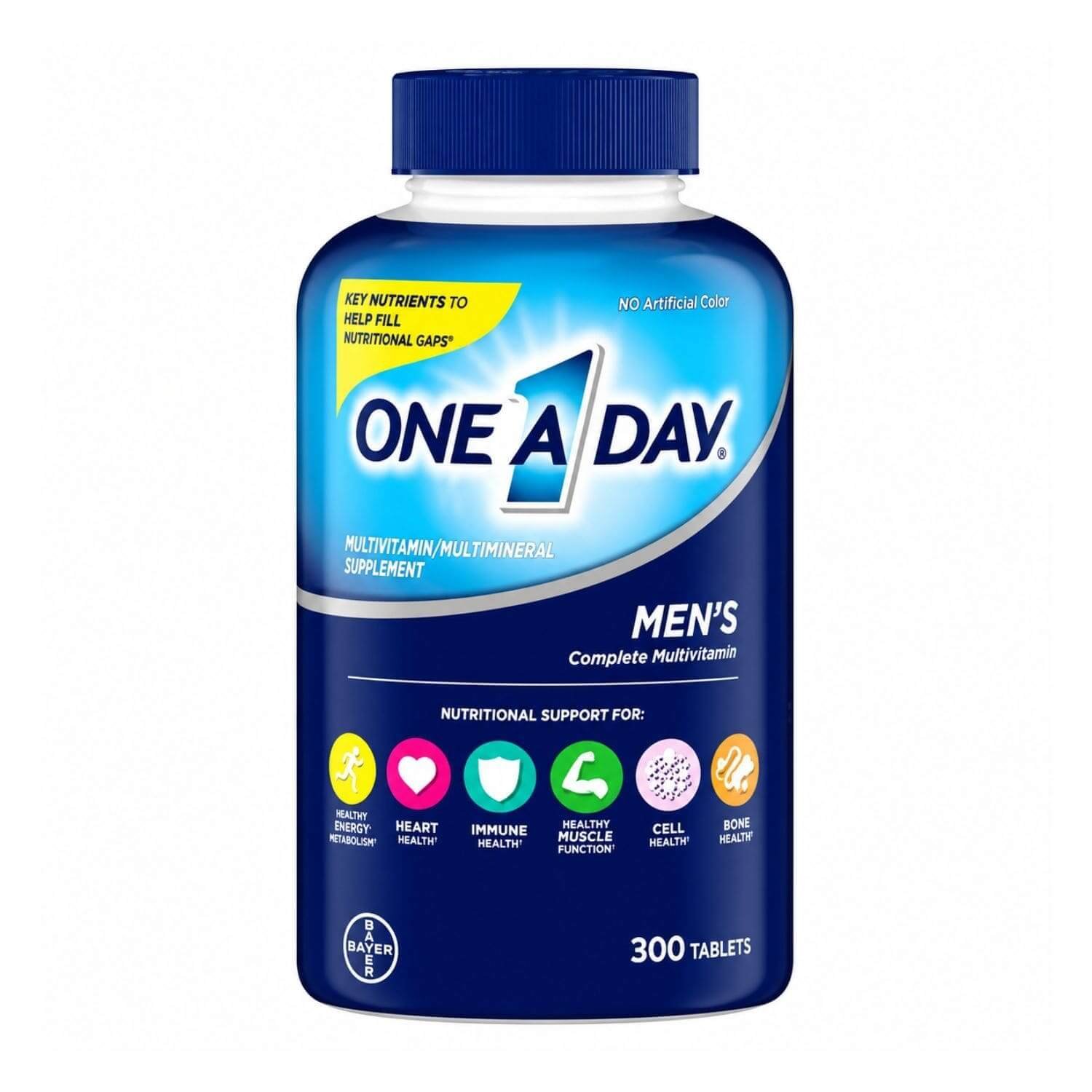 Front view of One A Day Men’s Multivitamin bottle containing 300 tablets,