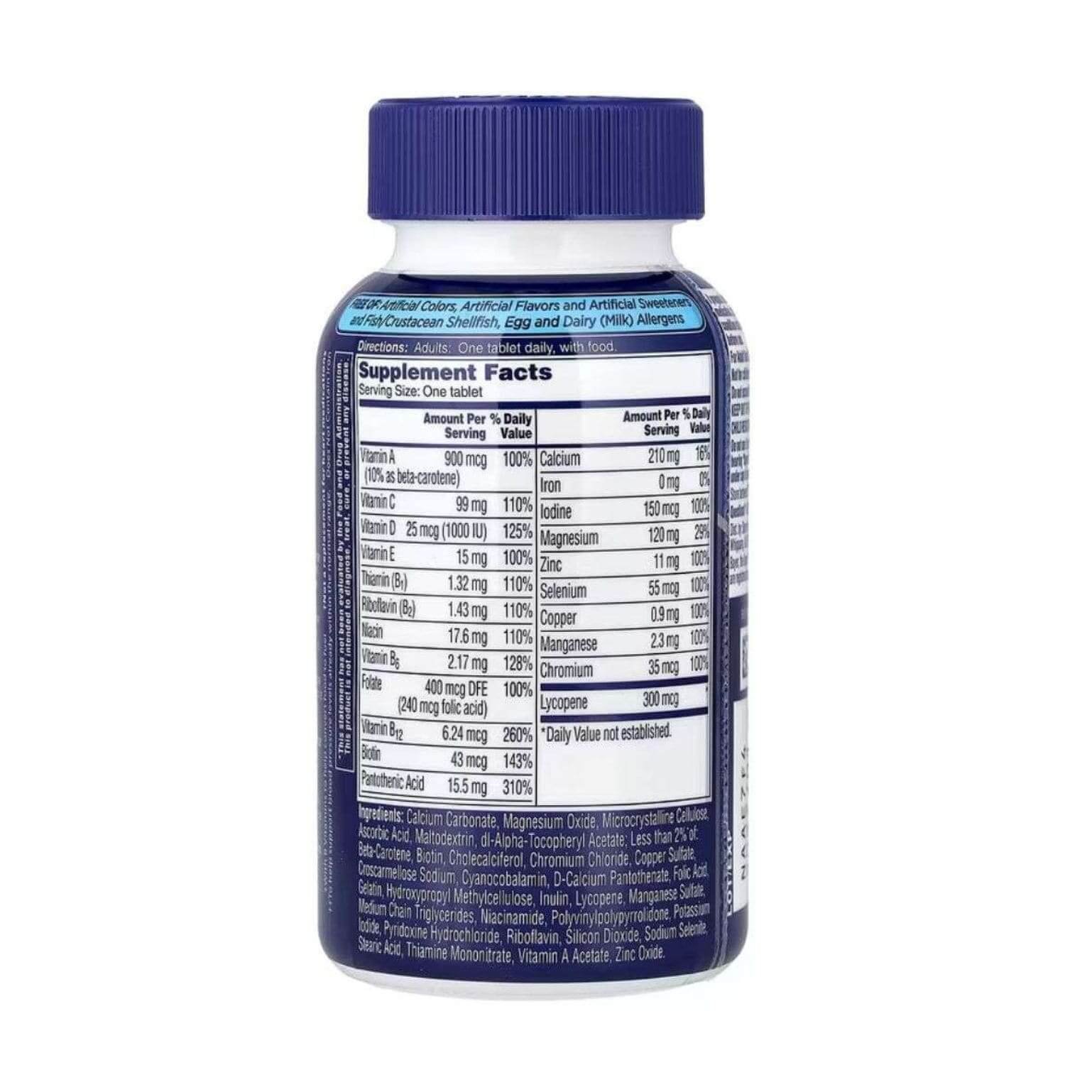 Supplement facts label of One A Day Men's Multivitamin 300 count bottle showing daily values of essential vitamins.