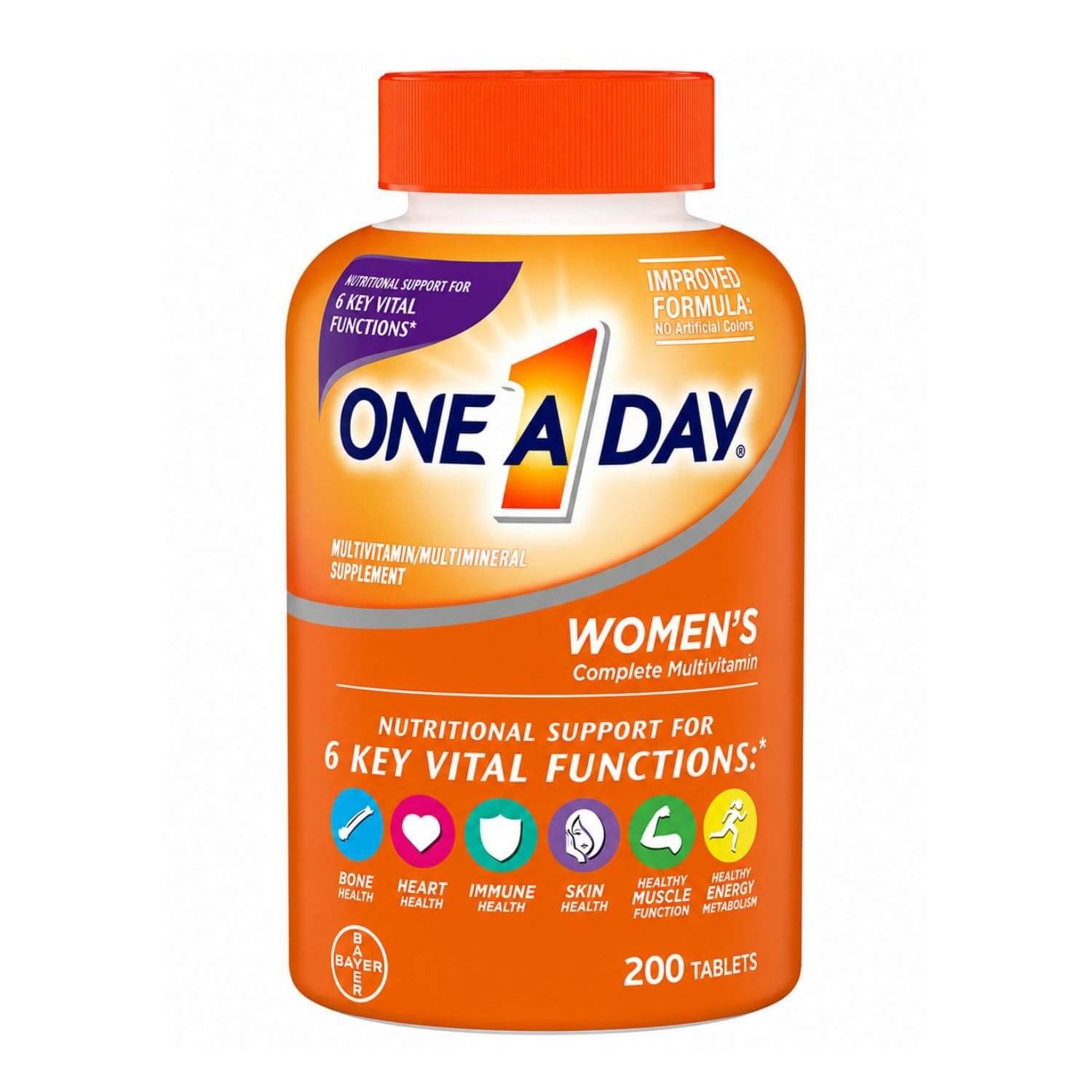 Front view of One A Day Women's Multivitamin bottle containing 200 tablets,