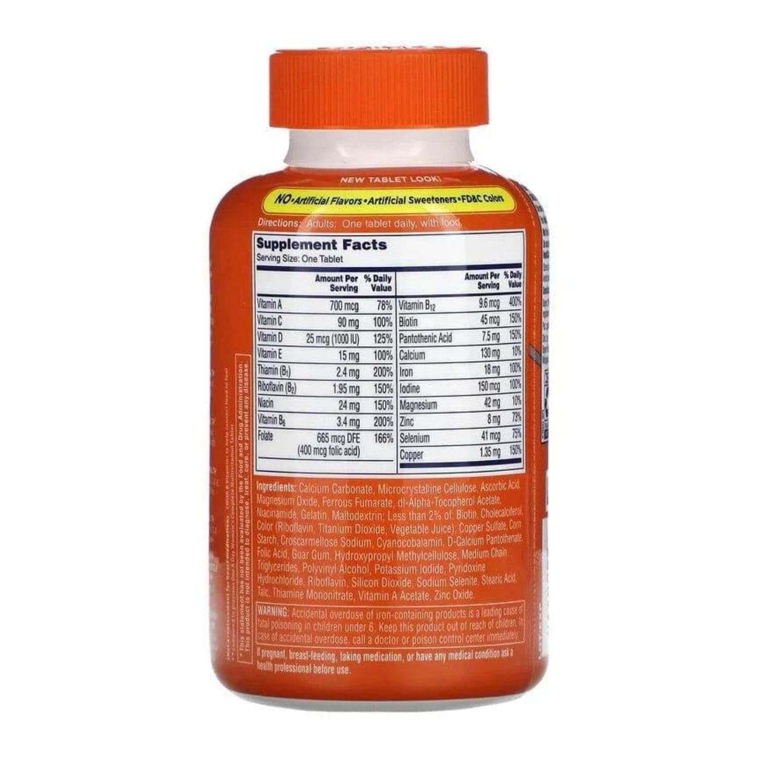 Supplement facts and ingredients label on the back of One A Day Women's Multivitamin 200 tablets bottle,