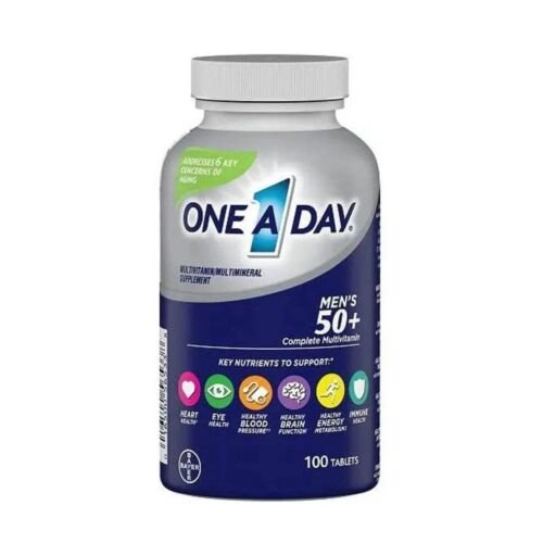 Front view of One A Day Men's 50+ Multivitamin bottle containing 100 tablets, showing the complete nutritional supplement packaging.