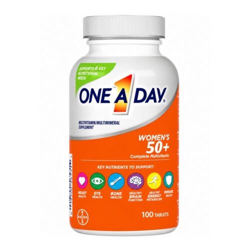 Front view of One A Day Women's 50+ Multivitamin 100-count bottle, showing the pink packaging