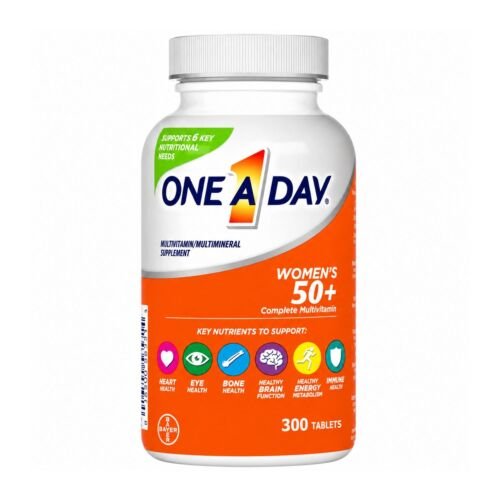 Front view of One A Day Women's 50+ multivitamin bottle containing 300 tablets, showing the complete nutritional support label.