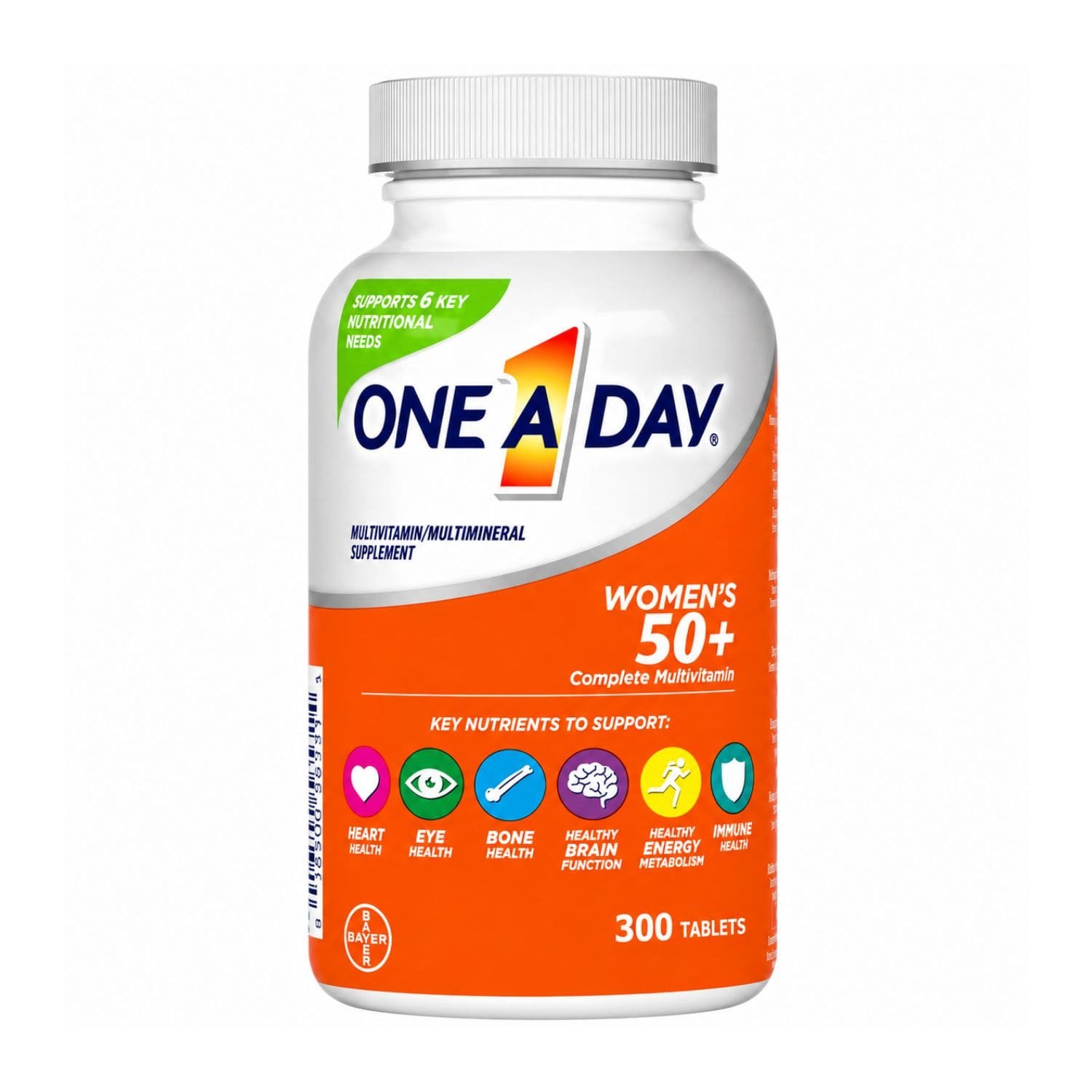 Front view of One A Day Women's 50+ multivitamin bottle containing 300 tablets, showing the complete nutritional support label.