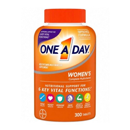 Front view of One A Day Women’s Multivitamin bottle containing 300 tablets, highlighting the nutritional supplement.