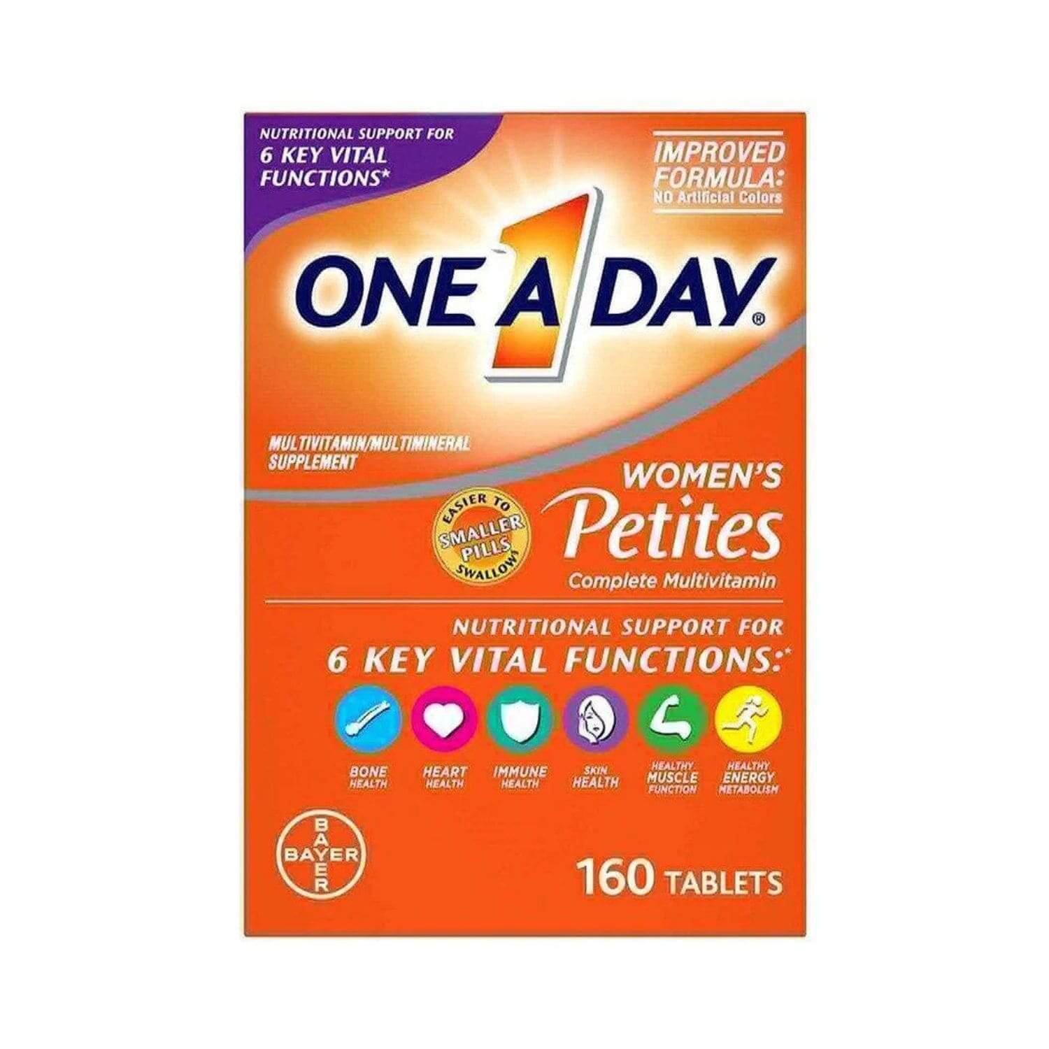 Front view of One A Day Women's Petites multivitamin bottle containing 160 smaller, easy-to-swallow tablets.