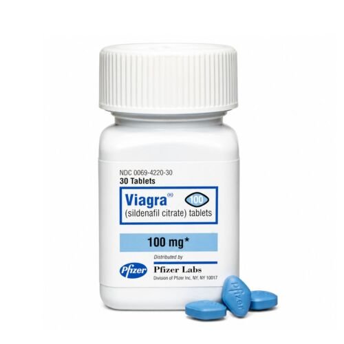 Front view of the authentic Viagra 100mg packaging highlighting the bottle label.