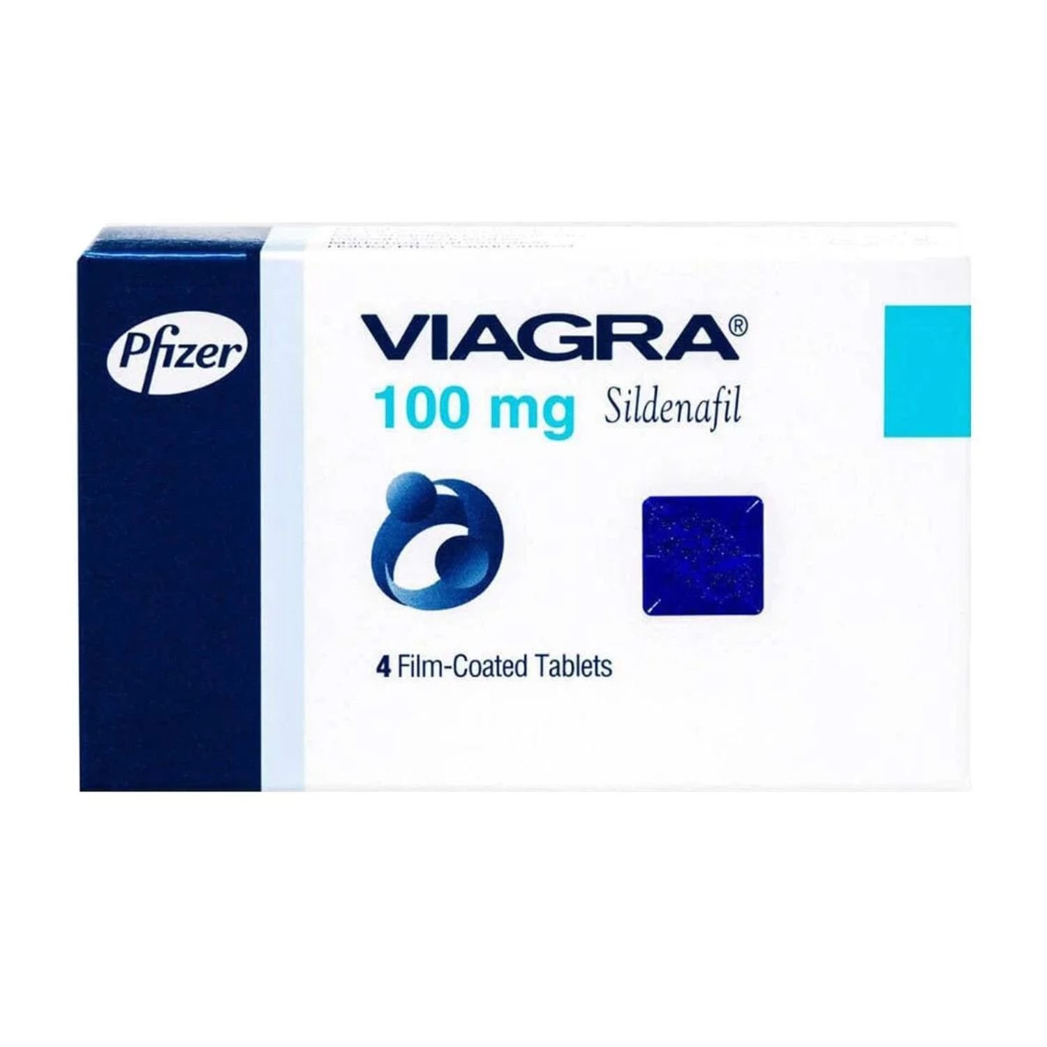 Front packaging view of original Pfizer Viagra 100mg 4 film-coated tablets box