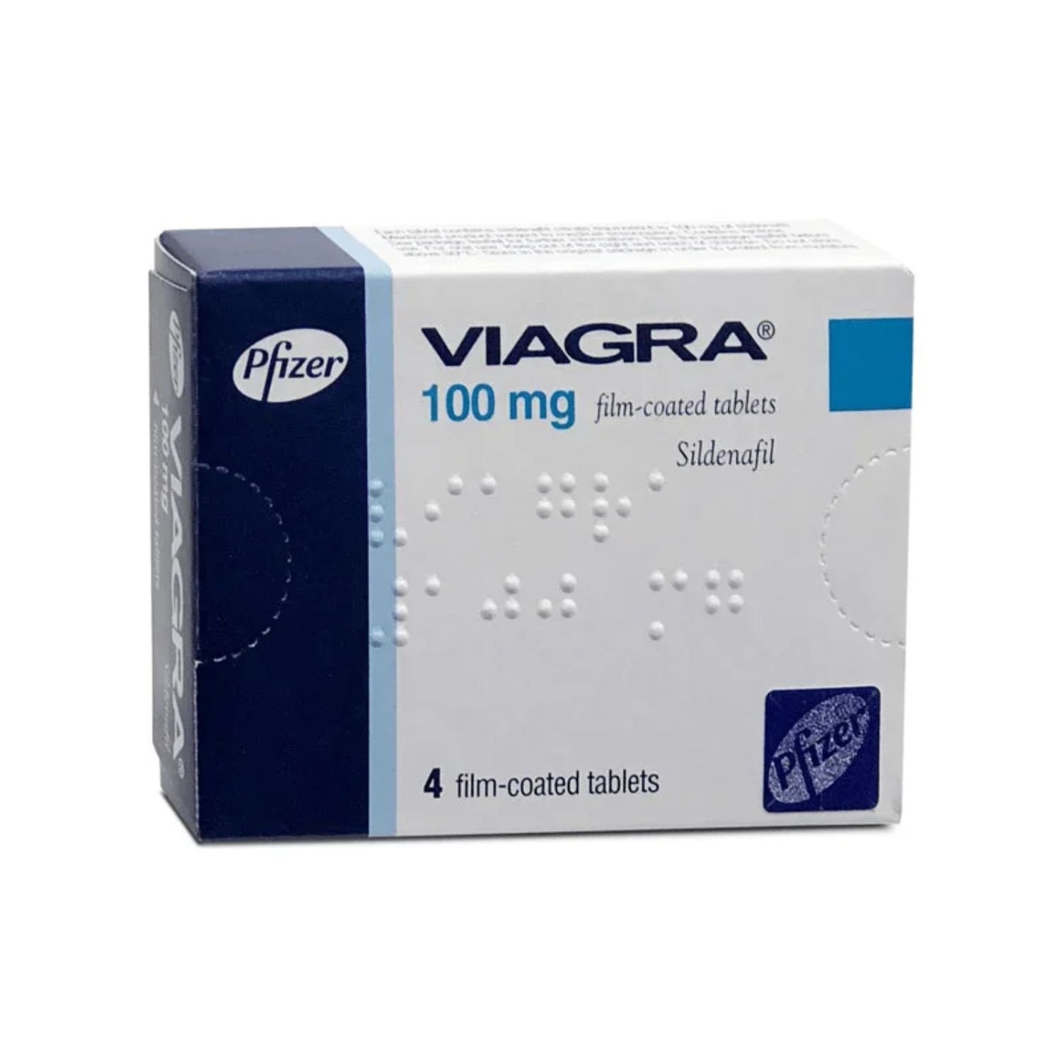 Front packaging view of original Pfizer Viagra 100mg 4 film-coated tablets box with Turkish