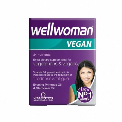 Vitabiotics Wellwoman Vegan tablets bottle for women's health and vitality, premium dietary supplement in Pakistan.