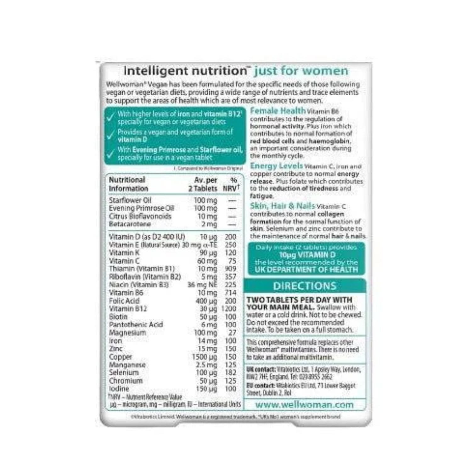 Ingredients list and supplement facts label of Vitabiotics Wellwoman Vegan multivitamin tablets, showing vitamins, minerals, and evening primrose oil content.