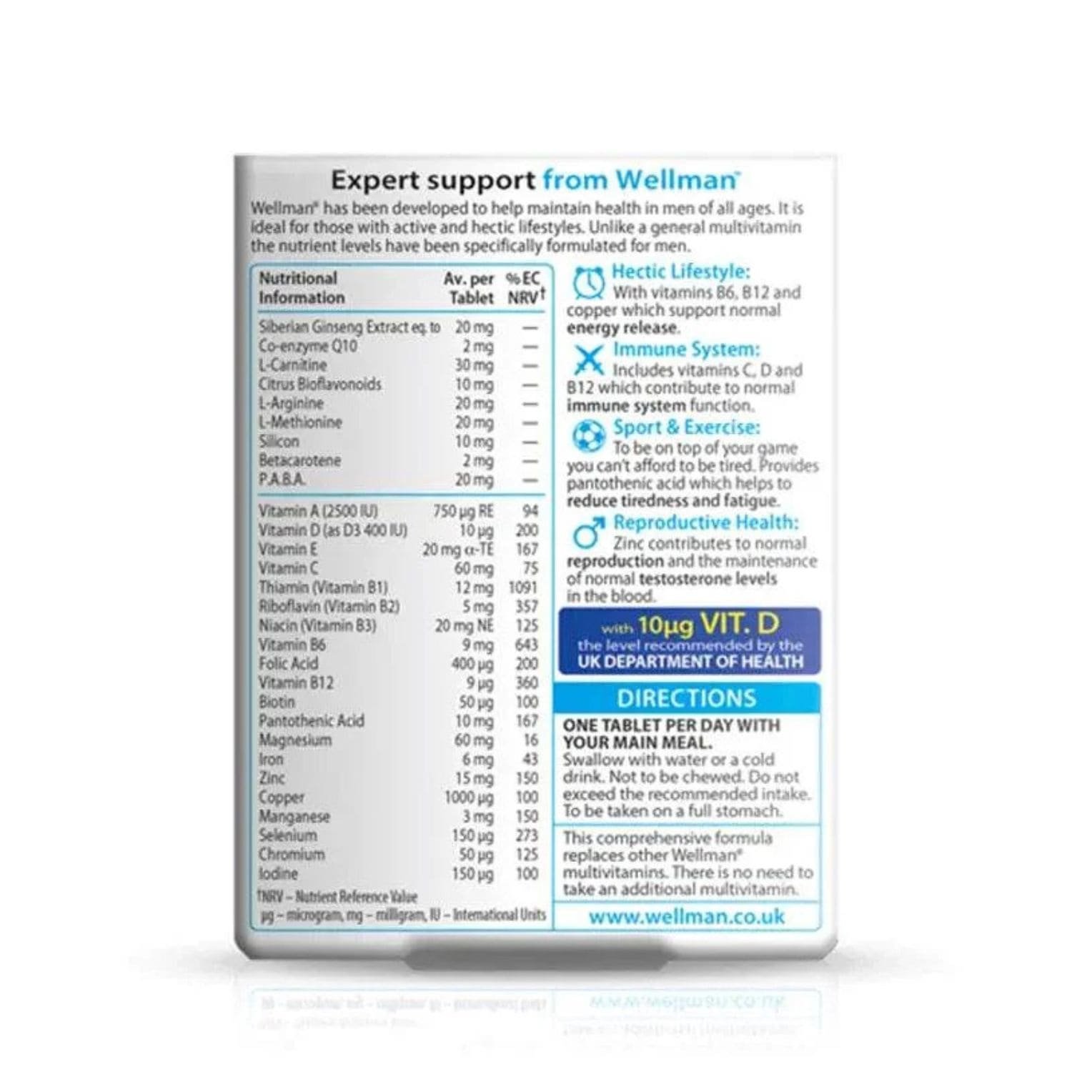 Vitabiotics Wellman Original ingredients table and supplement facts chart showing vitamins