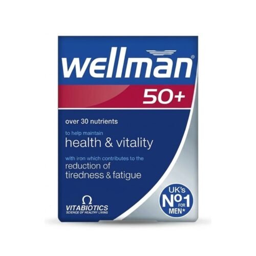 Vitabiotics Wellman 50 plus 30 tablets bottle and packaging on a clean white background