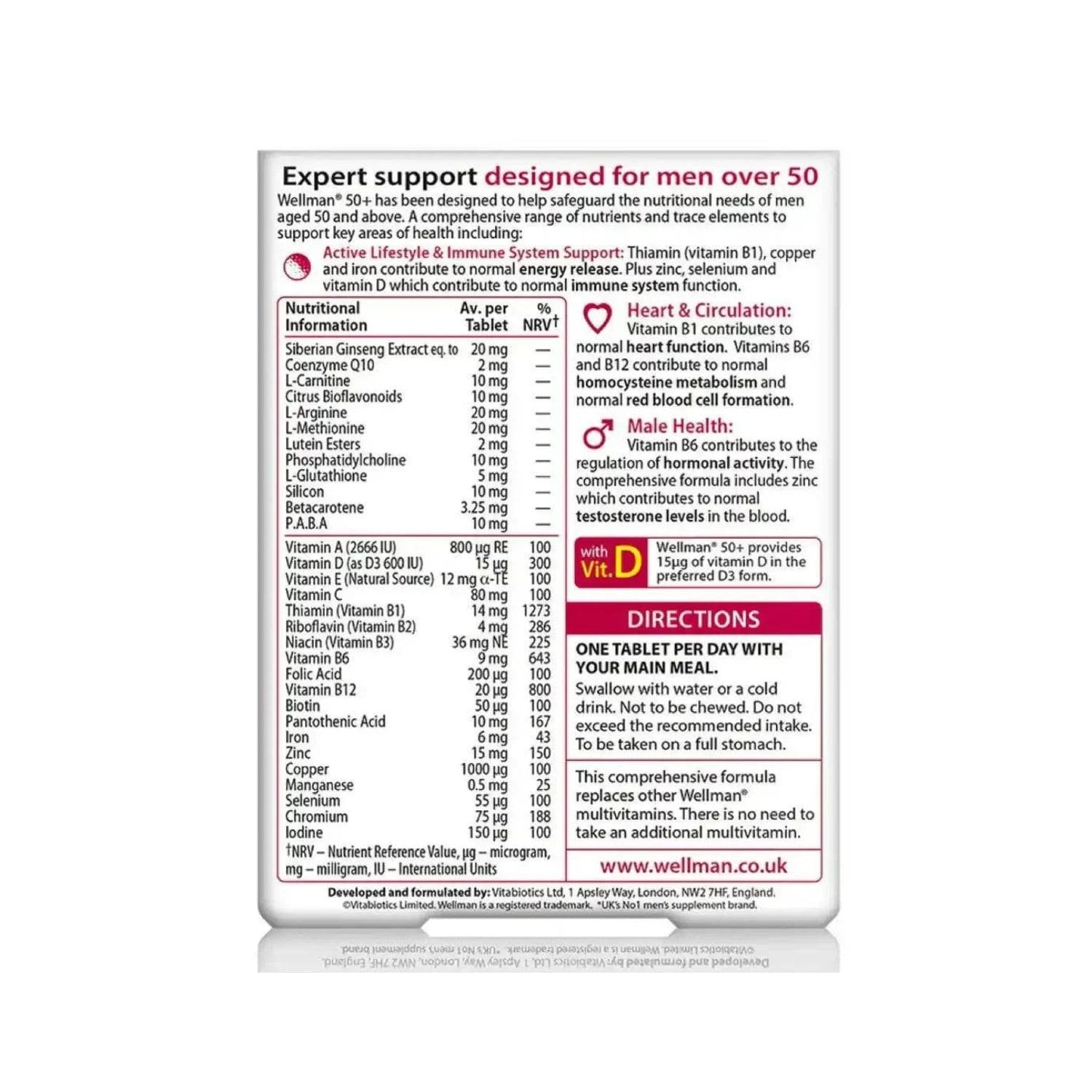 Vitabiotics Wellman 50 plus 30 tablets ingredients list and supplement facts label including vitamins, minerals