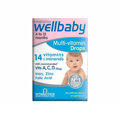Vitabiotics Wellbaby Multivitamin Drops for babies and infants, packaging and bottle on a clean white background.