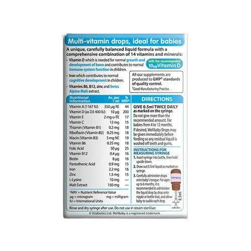 Ingredients list and nutritional facts label of Vitabiotics Wellbaby Multivitamin Drops for babies.