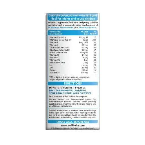 Ingredients label and nutritional facts table of Vitabiotics Wellbaby Multivitamin Liquid for babies.