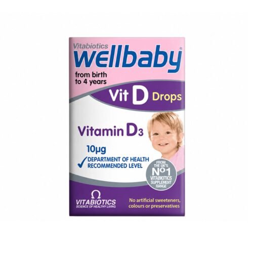 Vitabiotics Wellbaby Vitamin D Drops for liquid supplementation, showing the product box,