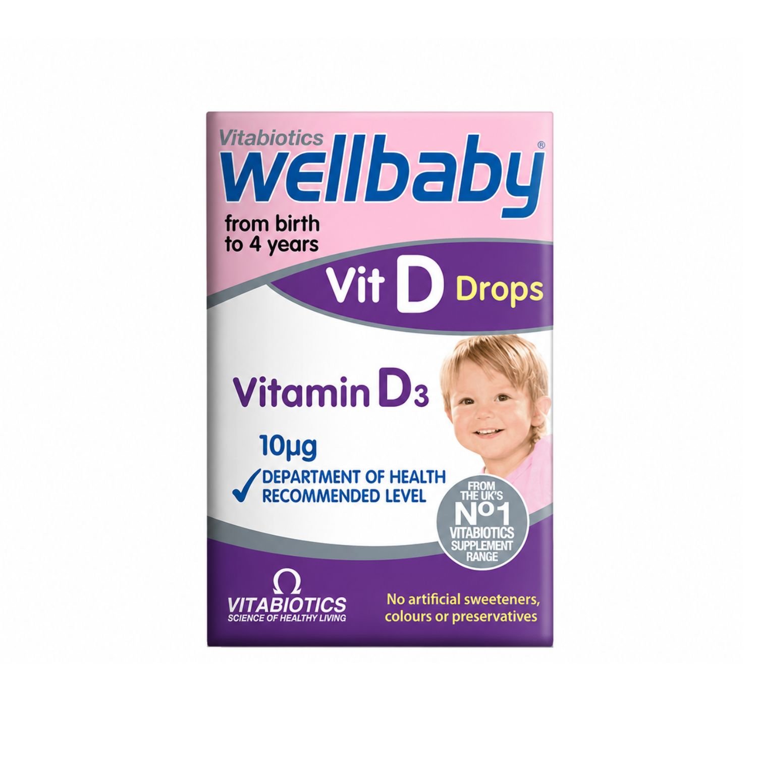 Vitabiotics Wellbaby Vitamin D Drops for liquid supplementation, showing the product box,
