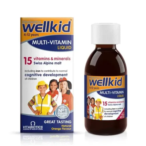 Vitabiotics Wellbaby Multivitamin Liquid 150ml bottle for babies and toddlers, showing the front packaging and growth benefits.