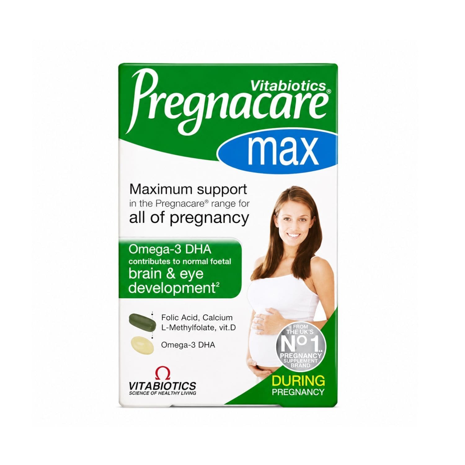 Vitabiotics Pregnacare Max pack with 56 prenatal micronutrient tablets and 28 Omega-3 DHA capsules for pregnancy support.