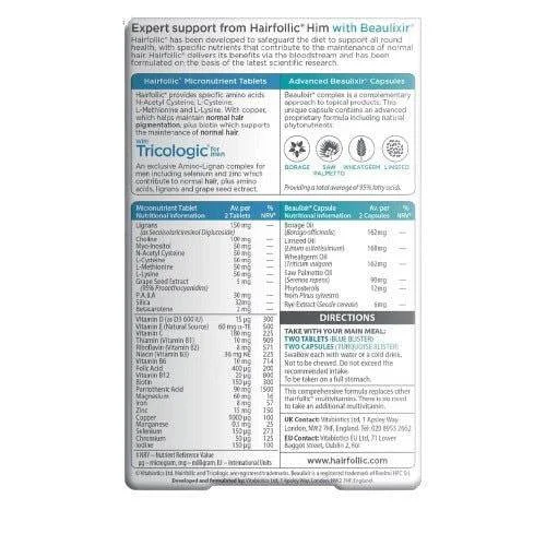 Vitabiotics Hairfollic Him Advance ingredients supplement for men featuring biotin