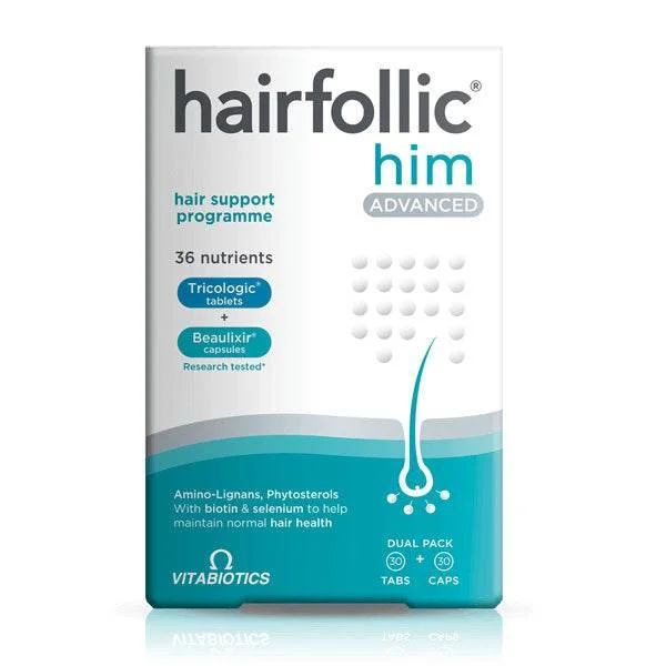 Vitabiotics Hairfollic Him Advance for Men dietary supplement with biotin.