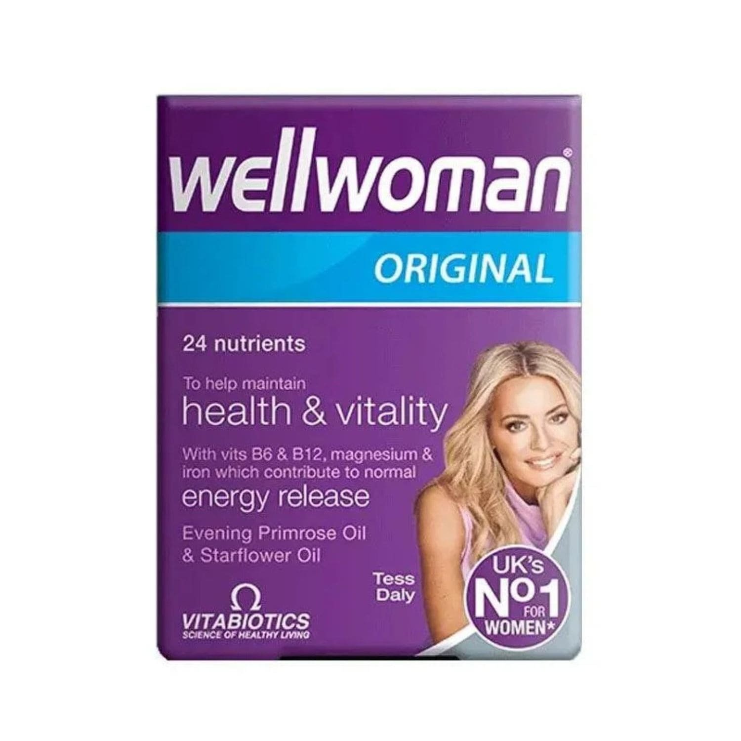 Vitabiotics Wellwoman Original 30 tablets pack on a clean white background, premium health supplement for women