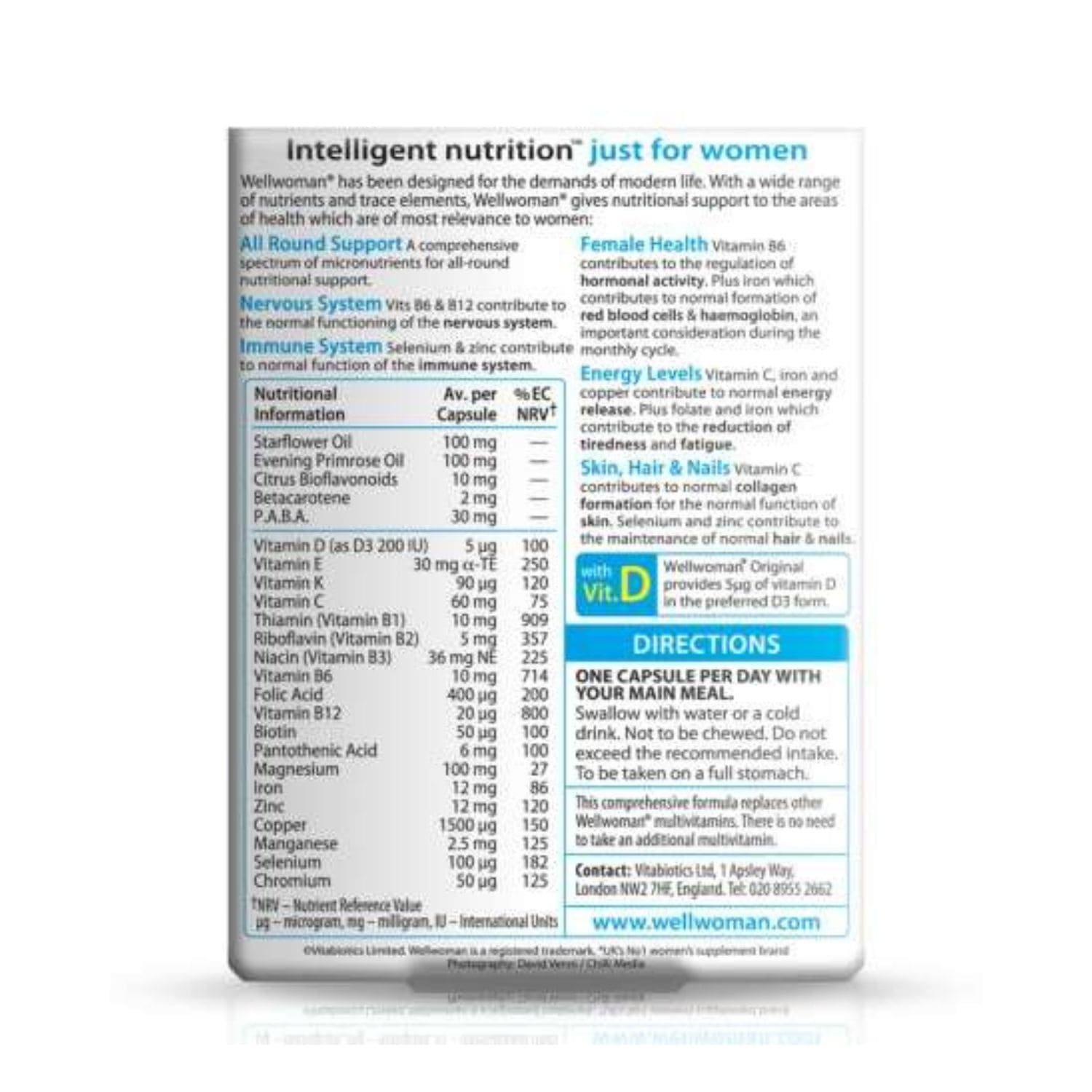 Vitabiotics Wellwoman Original ingredients list and supplement facts table