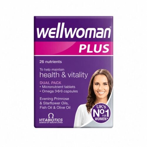 Vitabiotics Wellwoman Plus Omega 3 6 9 dual pack showing multivitamin tablets
