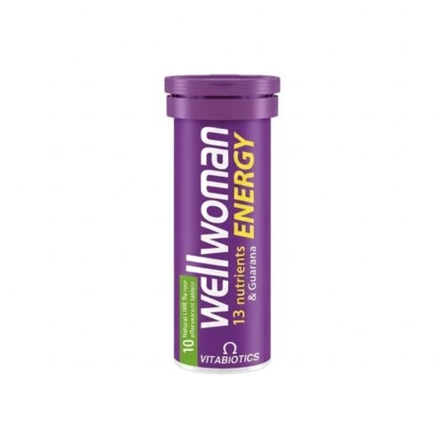 Vitabiotics Wellwoman Energy effervescent tablets pack with orange flavor for tiredness and fatigue reduction.