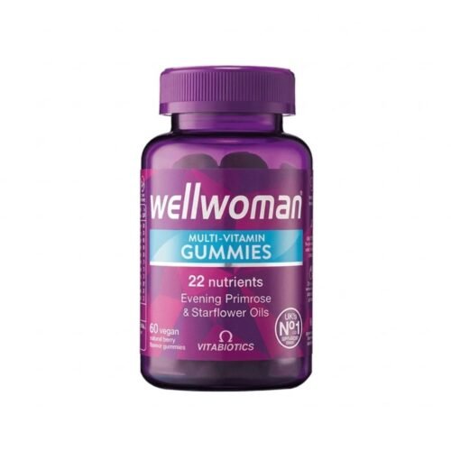 Vitabiotics Wellwoman Gummies 60 pack bottle on a clean premium