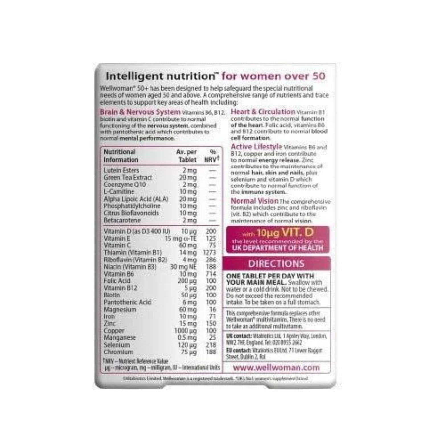 Vitabiotics Wellwoman 50+ ingredients list and supplement facts table showing vitamins, minerals, lutein, and green tea extract for women over 50.