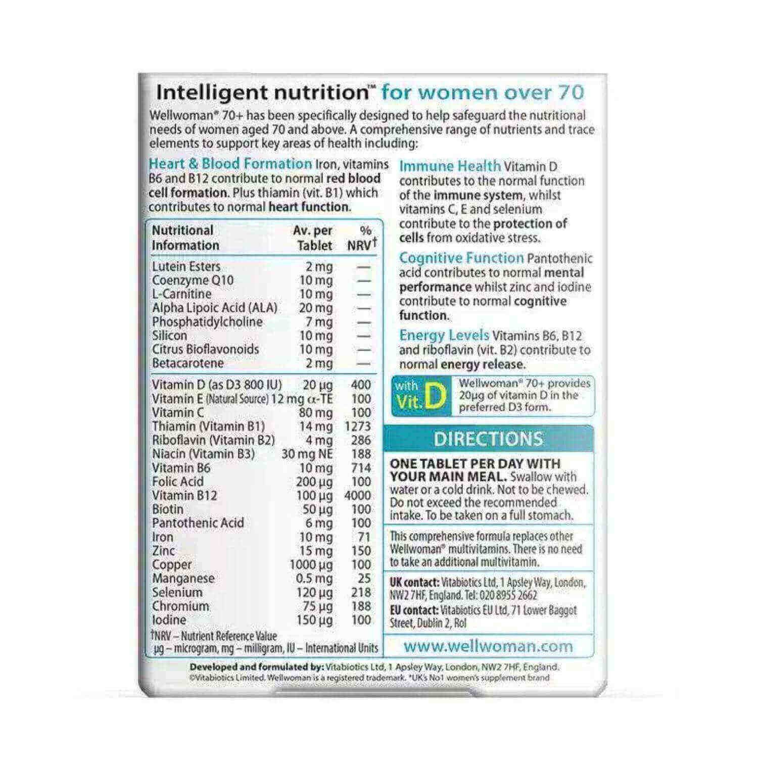 Nutritional information and ingredients label of Vitabiotics Wellwoman 70+ tablets for women