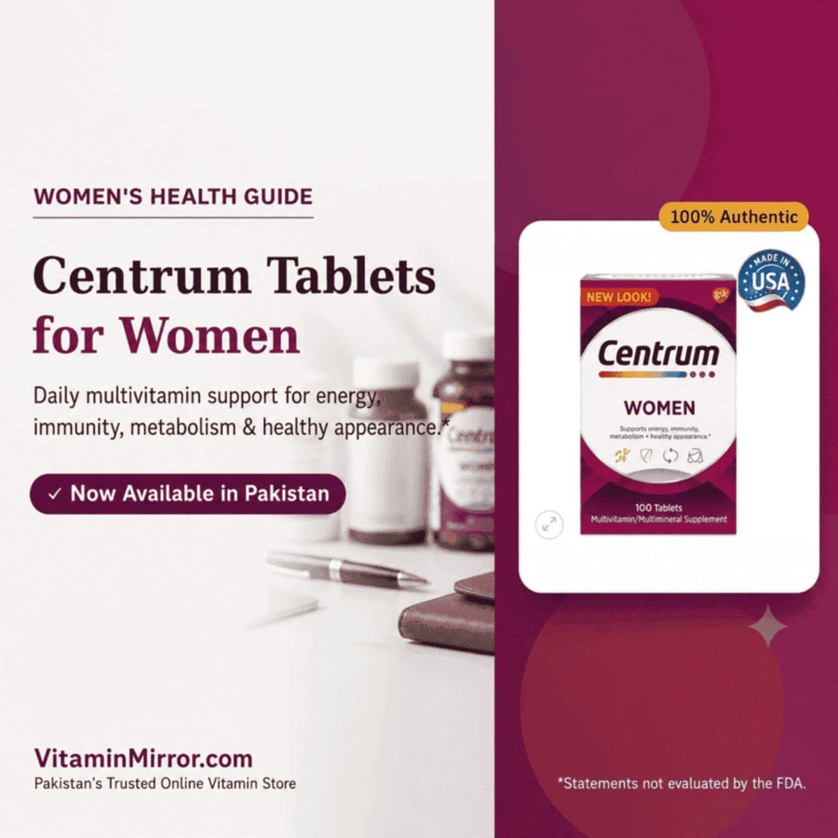 Centrum Tablets for Women multivitamin box available in Pakistan at VitaminMirror